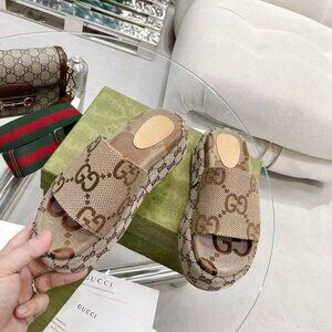 Gucci Angelina Platform Slide Sandal in Beige GG Canvas